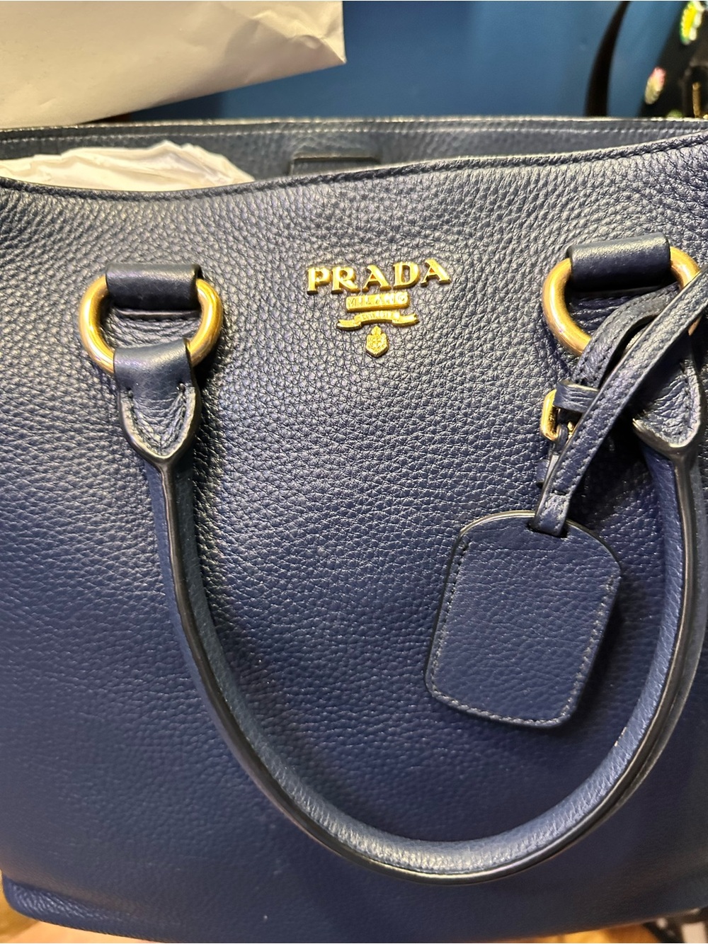 Prada Navy Pebbled Leather Tote with Gold Accents - Picture 2 of 6